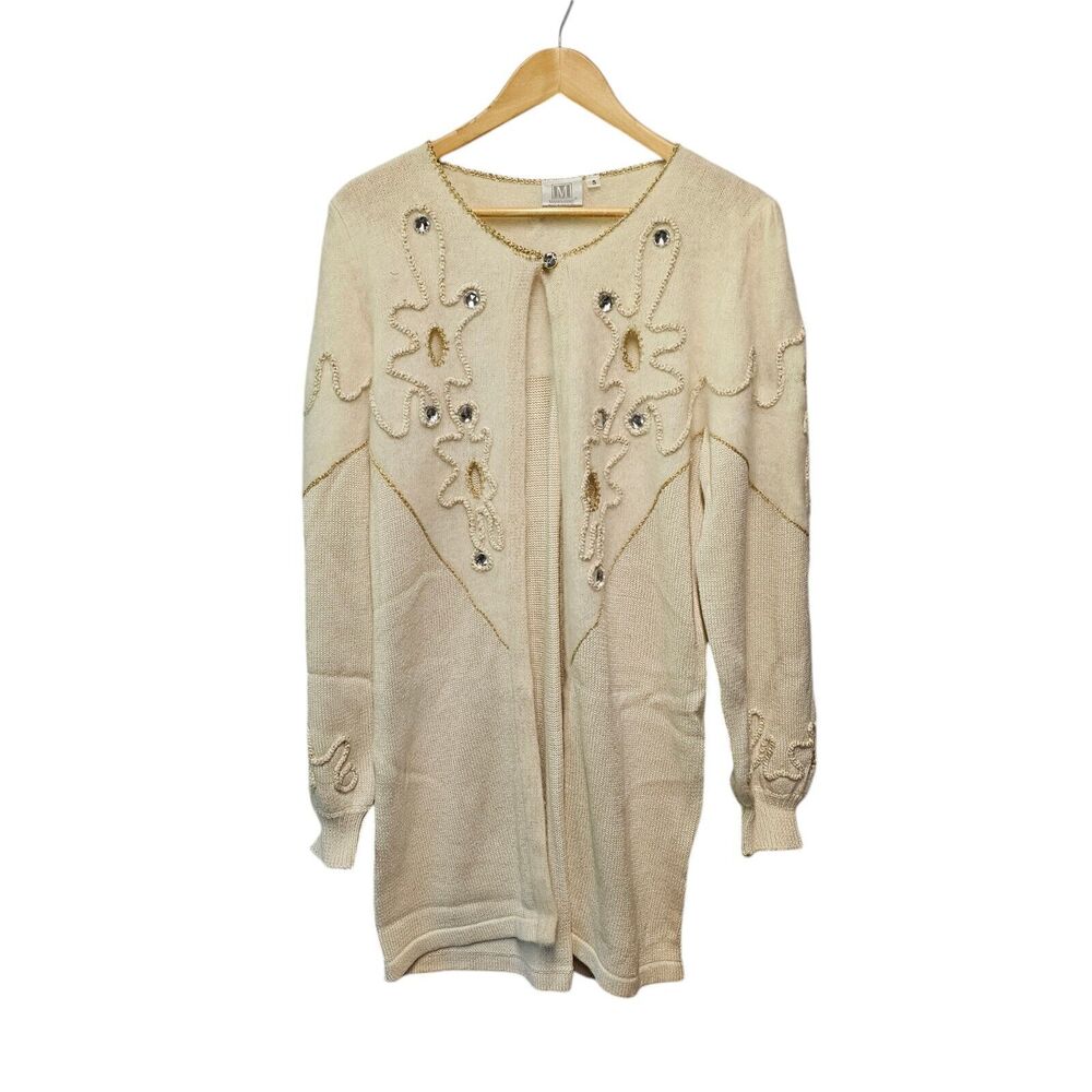 Vintage MADELEINE Angora Wool Cardigan Cream Gold Embellished